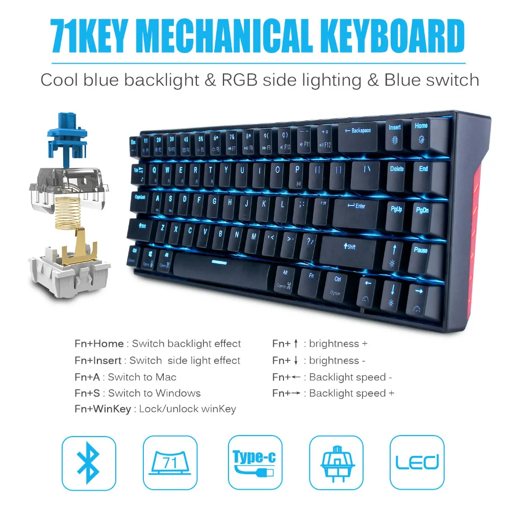 Механическая игровая клавиатура RK RK71 с 71 клавишей маленькая компактная