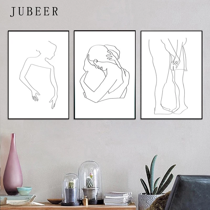 

Loving Couple Set of 3 Prints Line Drawing Woman Wall Art Decorative Painting Black And White Posters and Prints for Bedroom