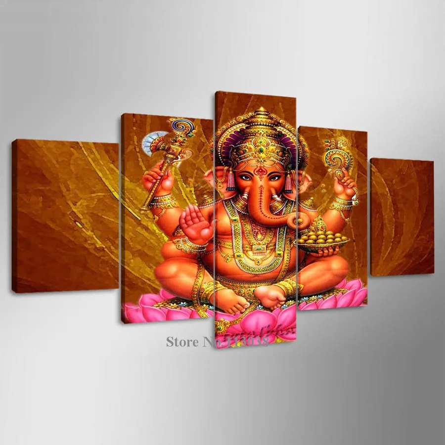 5 панелей лорд Ганеша печатная Картина на холсте голова слона для гостиной