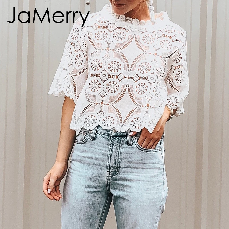 JaMerry винтажная белая кружевная сетчатая с вышивкой женская блузка рубашка