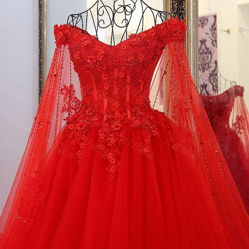 LS54710 Red cheap Wedding Dress Robe Mariage Femme 2018 Tulle v-neck Ball Gown Lace Up Back Princess With Cape | Свадьбы и торжества