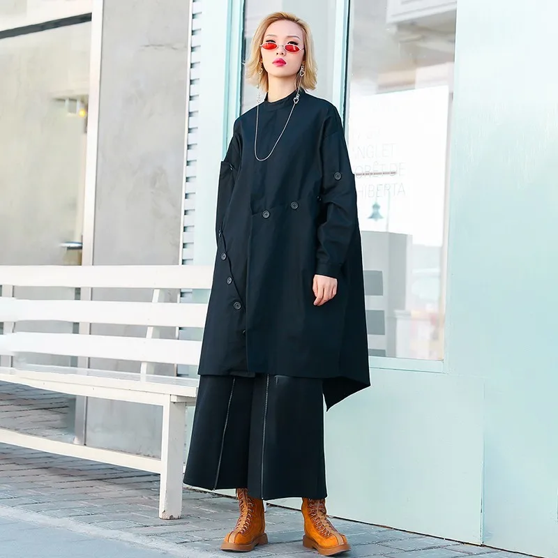 [EAM] New Autumn Winter Stand Collar Long Sleeve Button Split Joint Loose Big Size Jacket Women Coat Fashion Tide JO016