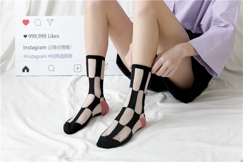 Moda Socmark женские носки Лоскутная клетчатая серия прозрачные сетчатые шелковые носки ультратонкие прозрачные кружевные летние длинные носки