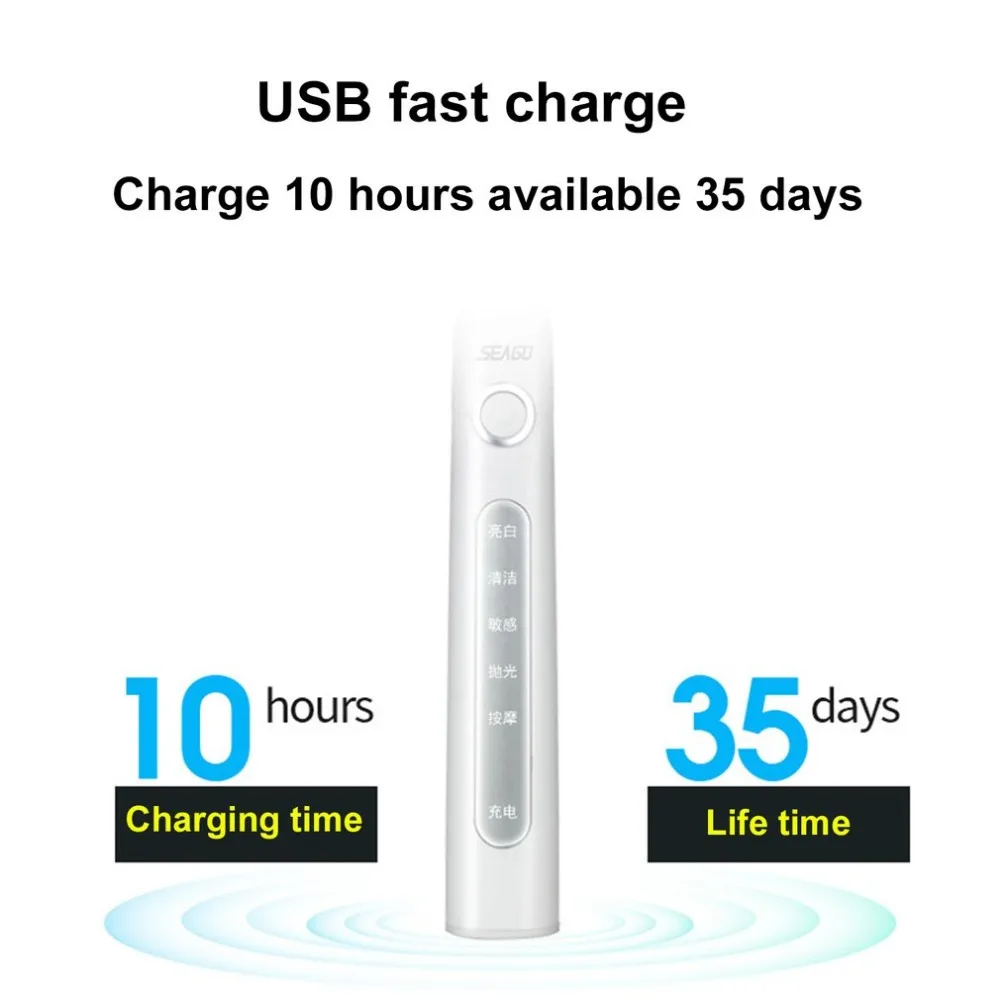 Seago SG-507 USB перезаряжаемая электрическая зубная щетка для взрослых Водонепроницаемая Глубокая чистка зубная щетка 2 Сменные головки 5 режимов очистки