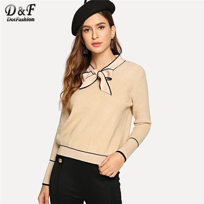 Dotfashion, абрикосовый, контрастный, с завязками на шее, джемпер для женщин, Повседневный, осень, простые, на бретелях, с длинным рукавом, Женский пуловер, свитер