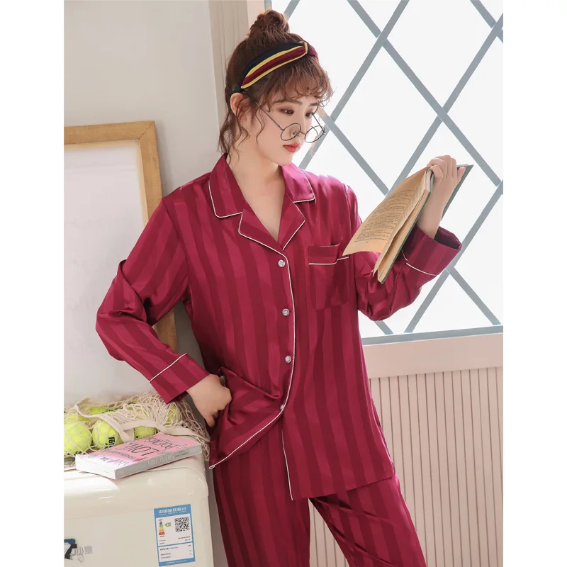 Woman Red BANNIROU/парные одинаковые пижамные комплекты, шелковые атласы, шифоновые, в полоску, полностью тонкие, с отворотом, домашняя одежда для влюбленных мужчин и женщин - Цвет: Woman Red