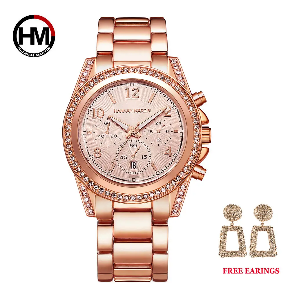 1107 Rose Gold-ear Дропшиппинг 1 комплект Топ из розового золота Роскошные Брендовые женские Стразы Часы Femme Календарь Водонепроницаемые модные женские часы - Цвет: 1107 Rose Gold-ear