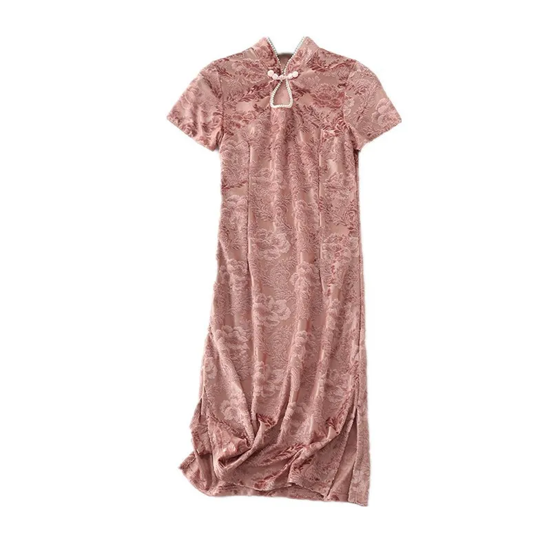 Ретро тонкий бархат элегантный cheongsam тяжелой промышленности жемчужина