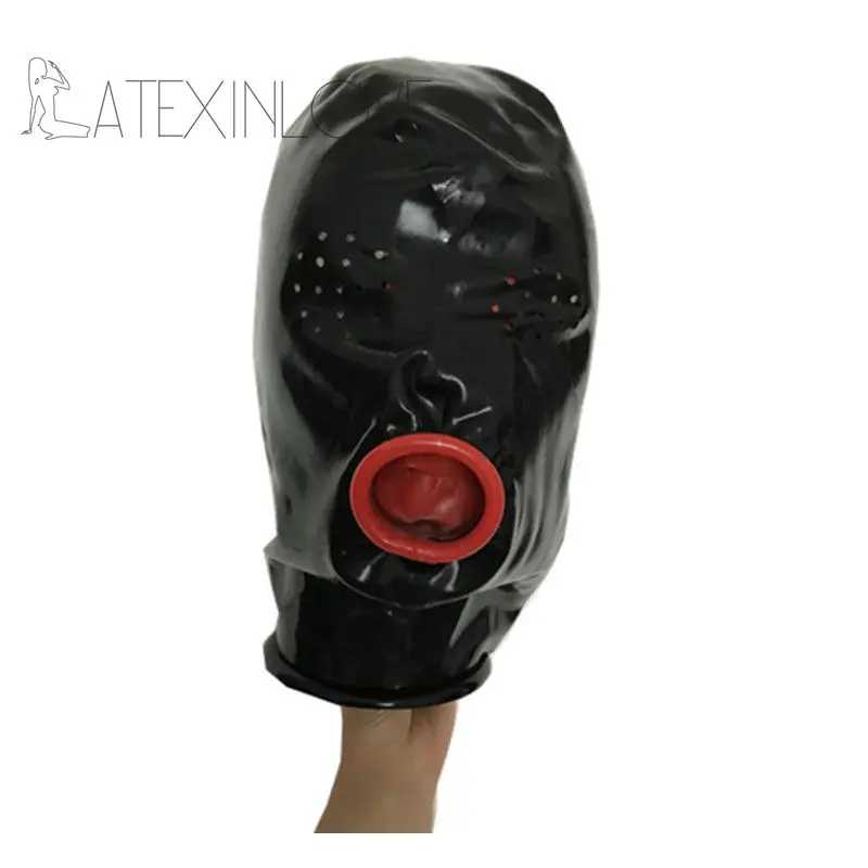 Сексуальный черный латексный капюшон Фетиш маска Открытый красный презерватив