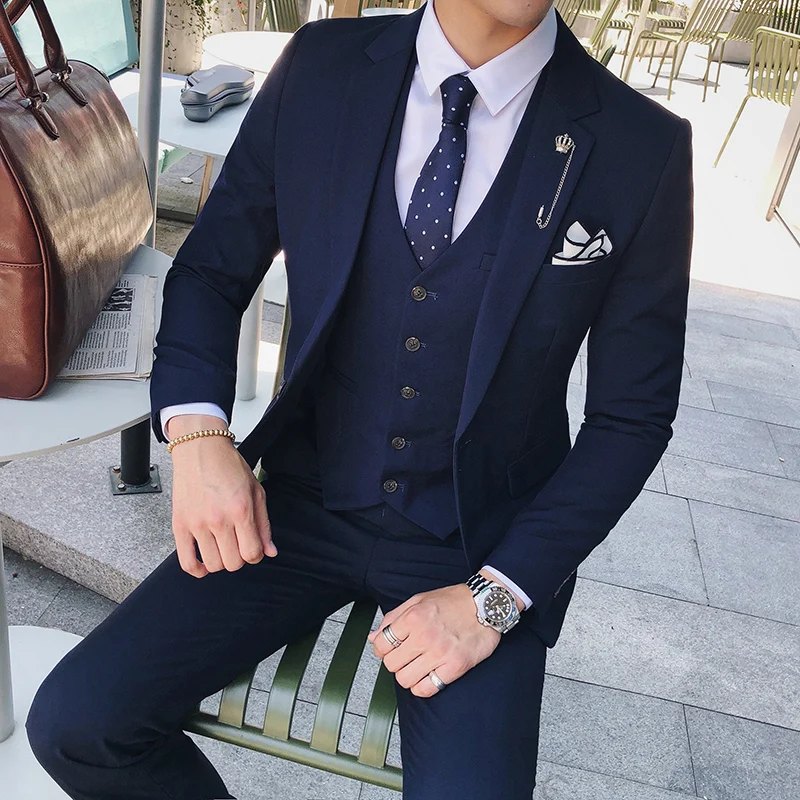 Navy blue Куртка+ брюки+ жилет) новые мужские костюмы деловой костюм для стройных мужчин костюм свадебный классический мужской деловые костюмы черный смокинг для мужчин - Цвет: Navy blue