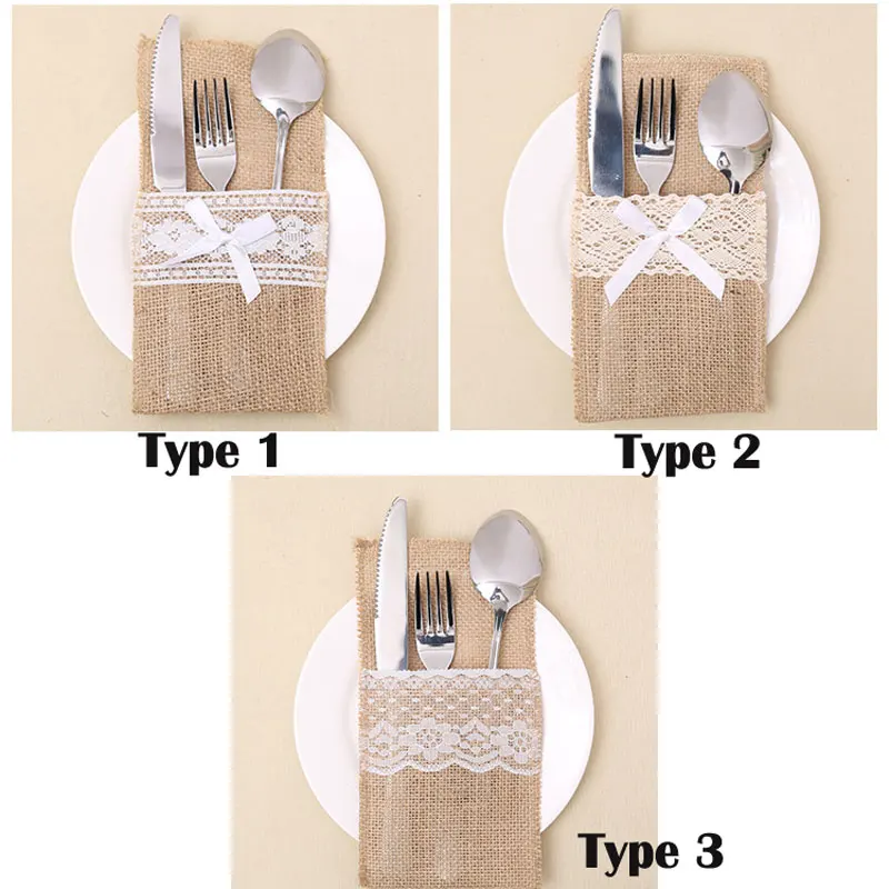 Джутовое кружево Карманы деревенская Свадебная посуда упаковка Вилка Нож