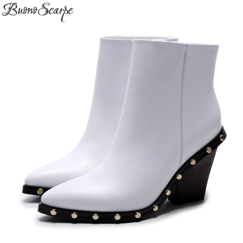 

BuonoScarpe Women Sexy Rivets Studs Ankle Boots Zipper High Heels White Black Shoes Genuine Leather Brand Design Fashion Botas