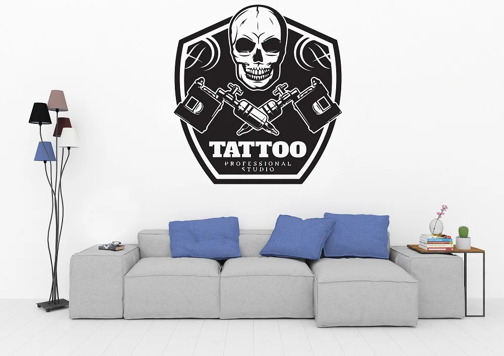 Personality Skull Tattoo Machine Logo Vinyl Wall Sticker Studio Poster Shop Signboard Window Decoration Art 2WS11|Наклейки на стену| |