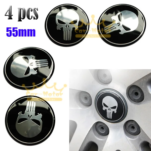 

4pcs Car Motorcycle 55mm 3D Punisher Skull Universal Steering Wheel Center Hub Cap Emblem Badge Stickers 0009