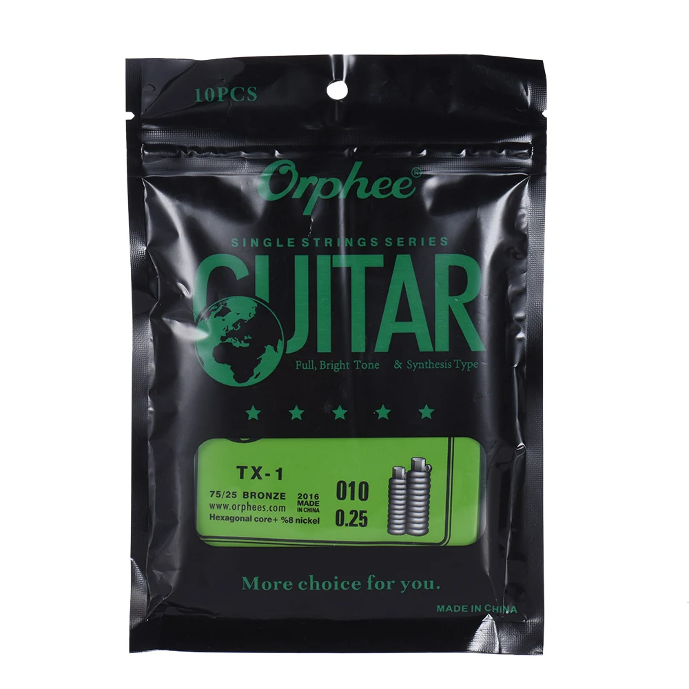 Orphee TX-1 одинарные Сменные Струны для акустической фольклорной гитары 1st E-String(. 010) сердечник из высокоуглеродистой стали, 10 шт. в упаковке