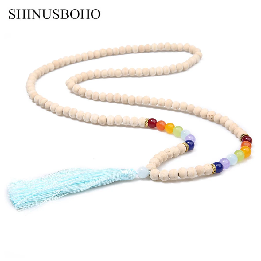 SHINUS BOHO 8 мм деревянные бусы ожерелья для женщин модная чакра длинное ожерелье с