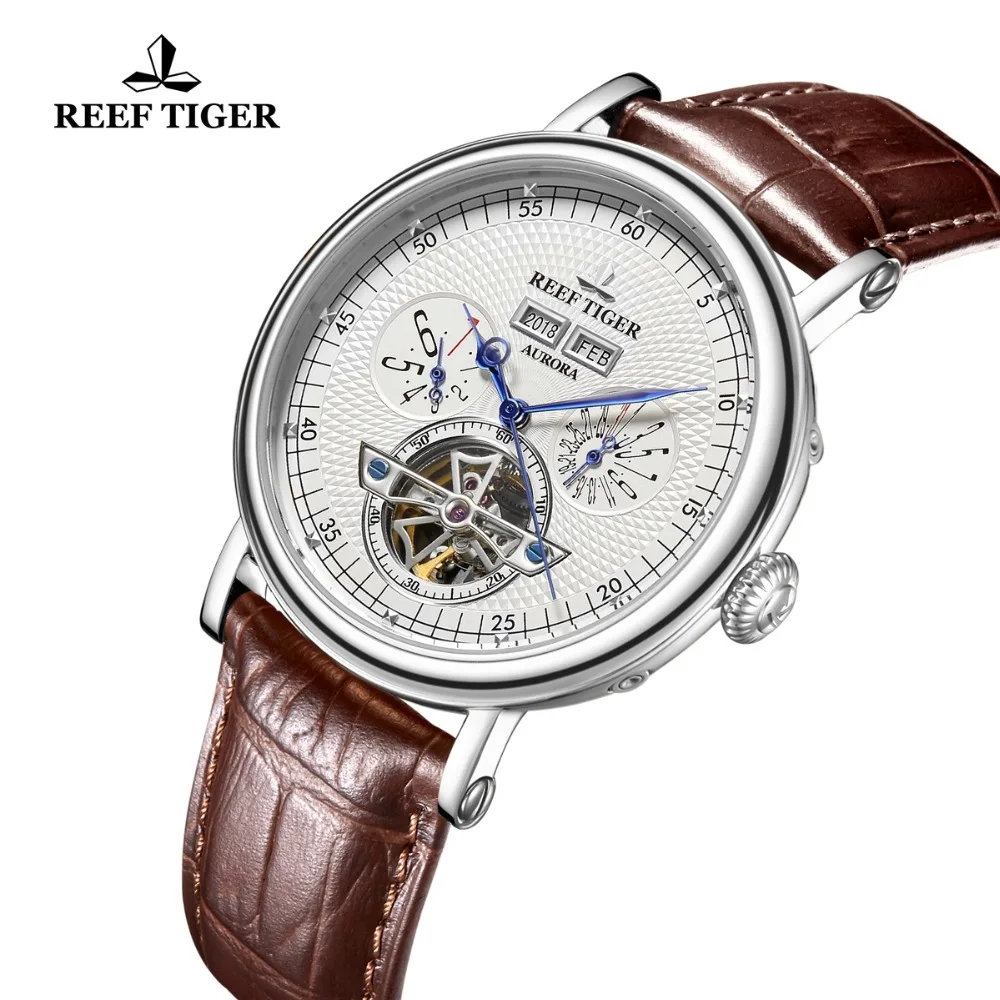 Мужские механические часы Reef Tiger/RT роскошные с турбийоном ремешком из