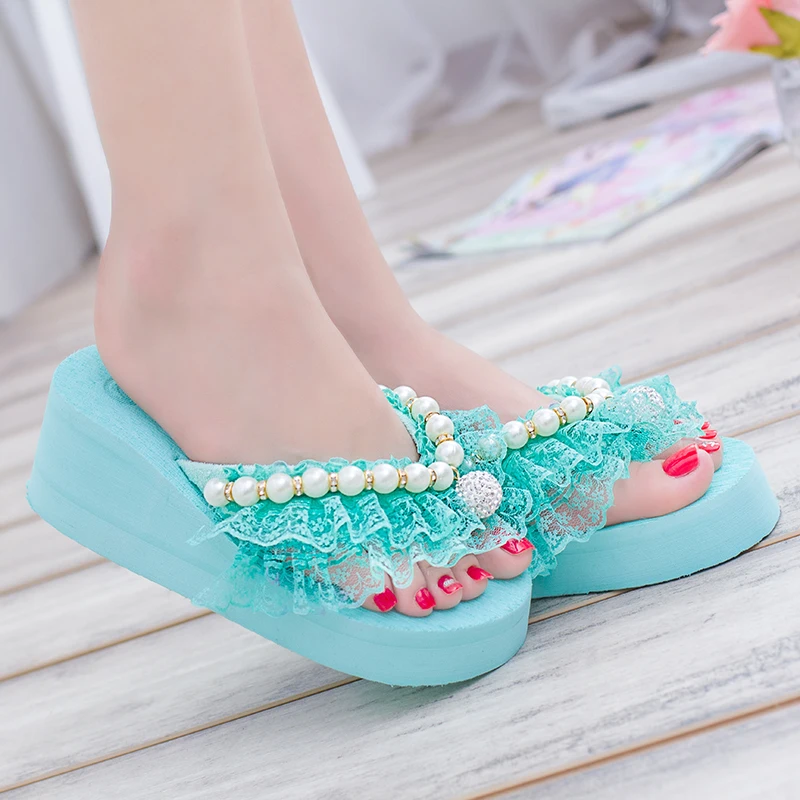 Летняя женская обувь на платформе Вьетнамки пляжная с бусинами кружевные