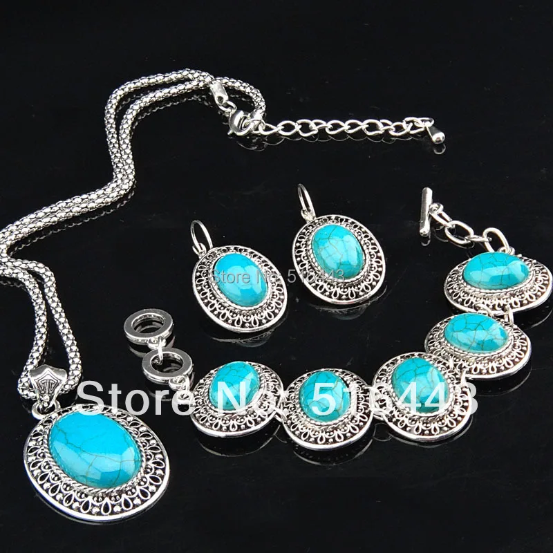 Лидер продаж античное серебро бирюза большие овальные полые серьги браслет