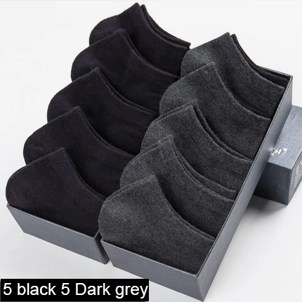 5 black 5 Dark grey Летние тонкие высококачественные мужские короткие носки-башмачки, белые, 10 пар, фирменные, деловые, для отдыха, без шоу, носки-лодочки, 100 хлопок - Цвет: 5 black 5 Dark grey