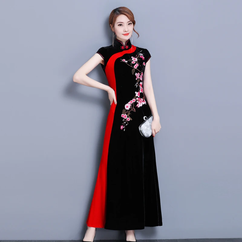 Женское китайское традиционное платье Cheongsam Золотое бархатное Ципао элегантное