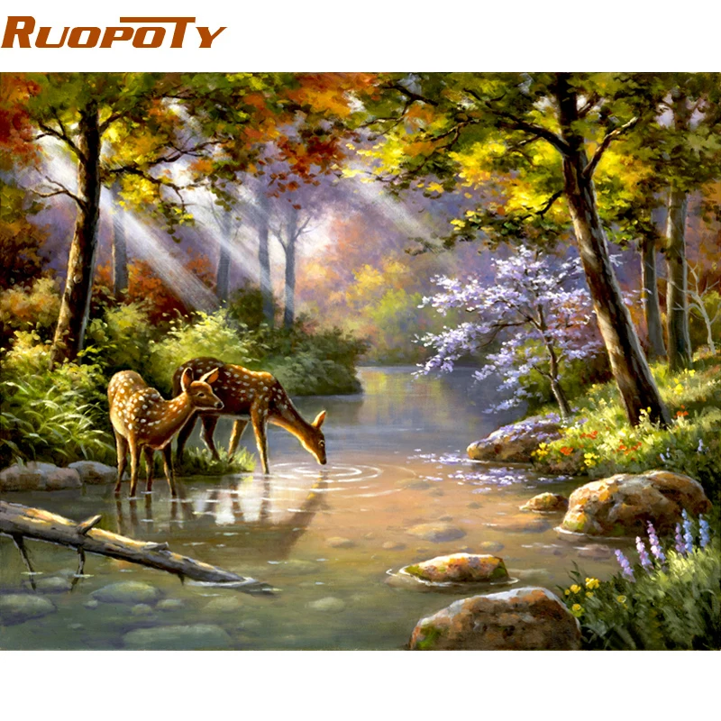 RUOPOTY рамка DIY Краска по номерам Акриловая Краска на холсте Sika олень лес ручная краска ed масляная краска для домашнего декора 40x50 см