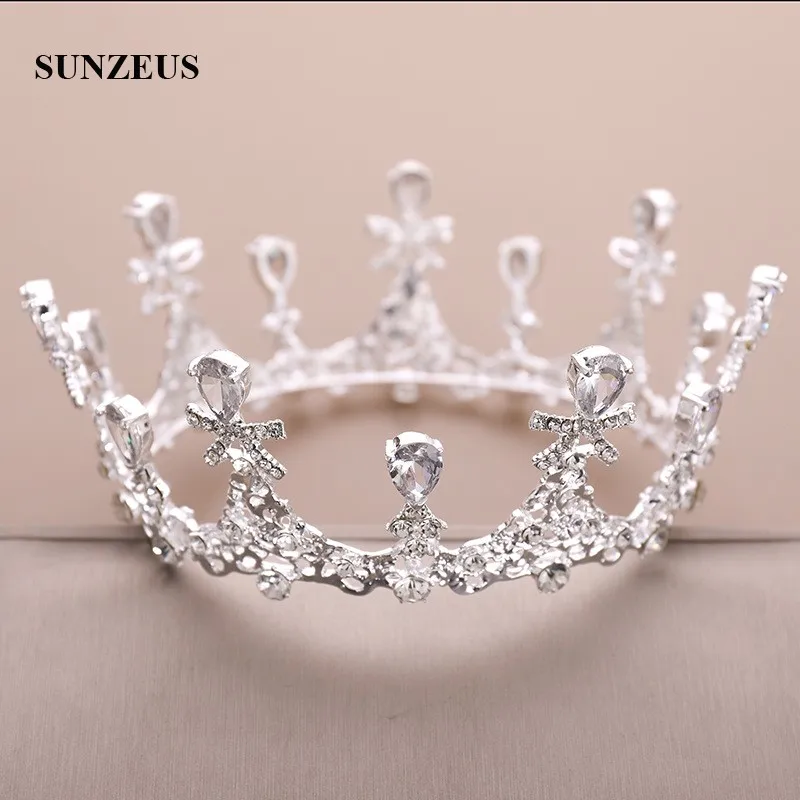 

Silver Metal Round Crowns For Brides Crystals Beaded Wedding Tiaras Princess Rhinestones Head Accessories Marriage SQ408