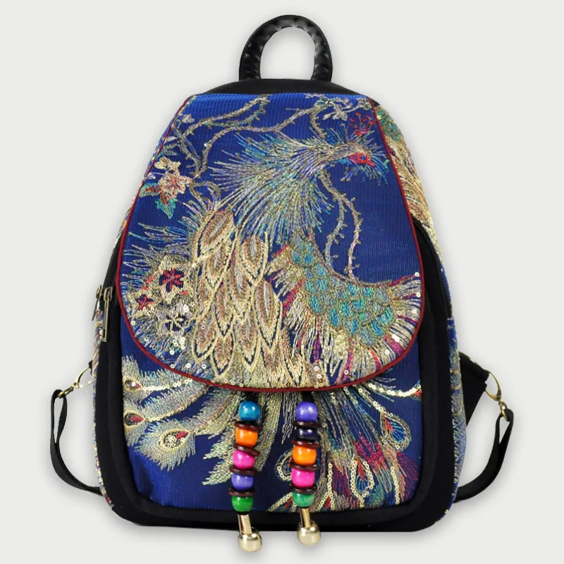 

Blue Phoenix Embroidered Backpack Vintage Canvas National Tribal Ethnic Embroidered Floral Backpacks Women's Travel Rucksack