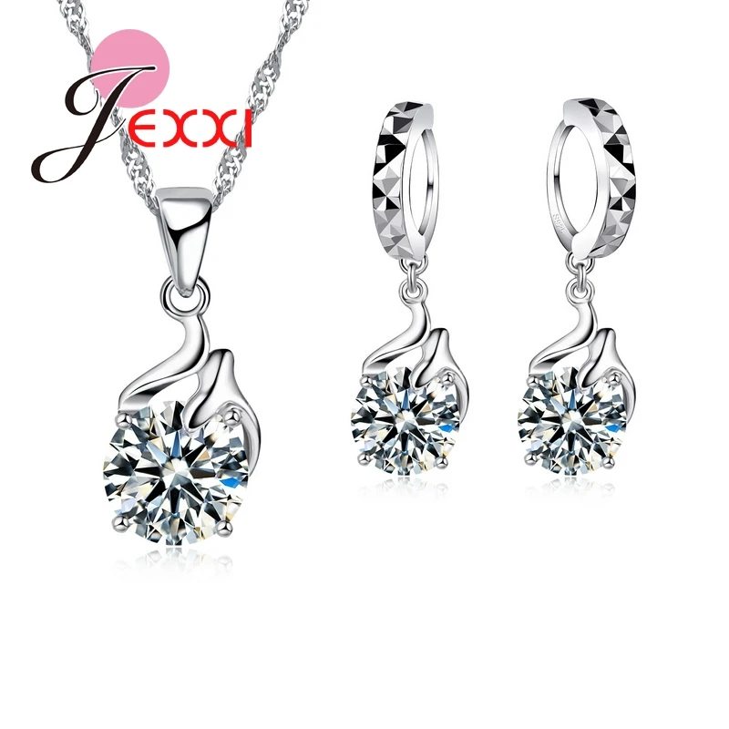 Unique Ladies Cubic Zirconia Elegant Pendant Necklace Dangle Earrings Appointment Gifts Women 925 Sterling Silver Jewelry Sets | Украшения