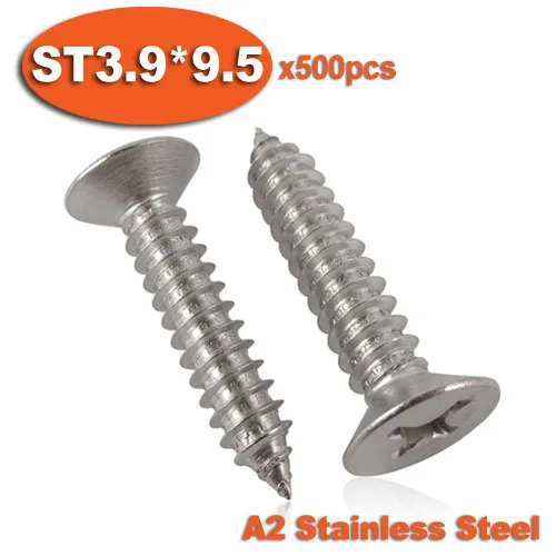 

500pcs DIN7982 ST3.9 x 9.5 A2 Stainless Steel Self Tapping Screw Cross Recessed Countersunk Head Self-tapping Screws