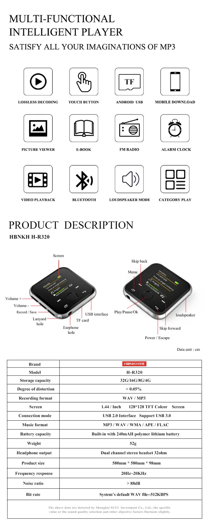 HBNKH USB мини MP3 плеер Bluetooth 4,2 Портативный видео музыкальный плеер HIFI FM радио Диктофон 1,8 'сенсорный экран с динамиком