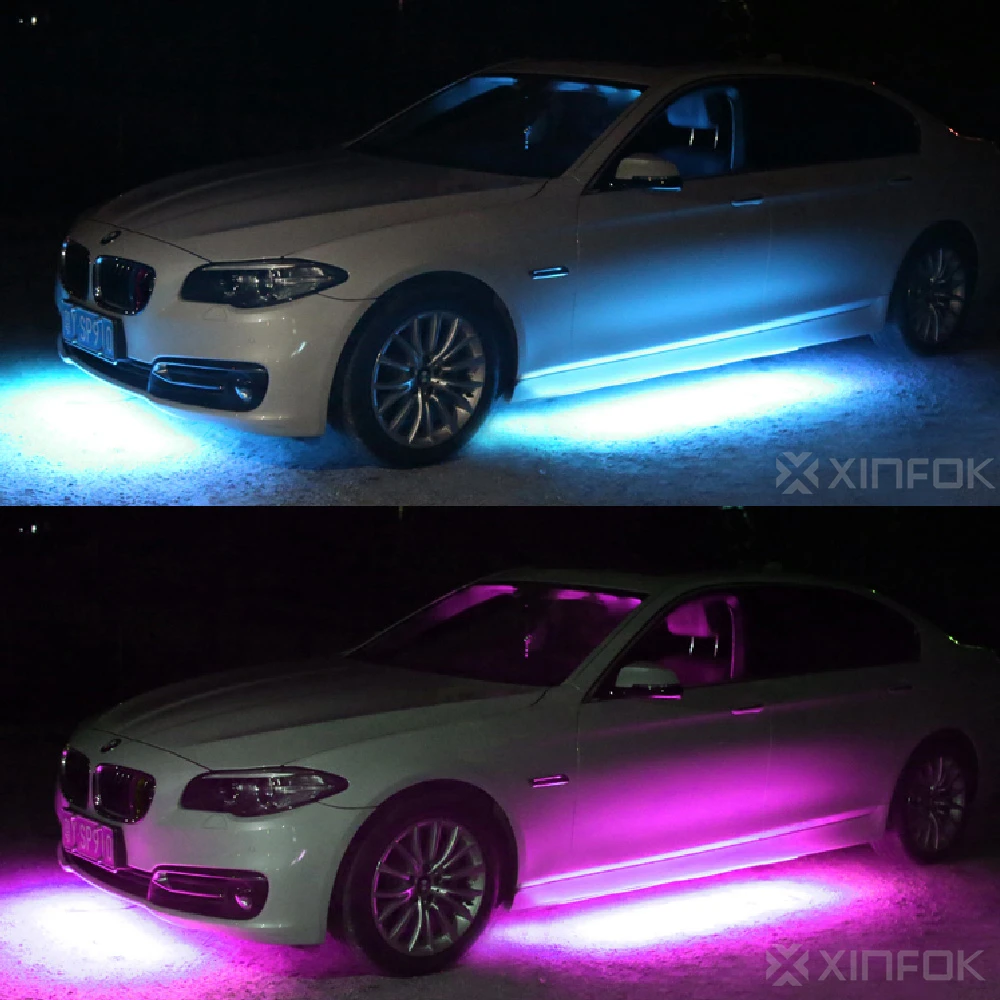 4x Автомобильный декоративный светильник, подсвечивающая нижняя часть, атмосферная лампа, Гибкая полоса, приложение/неоновый светильник с дистанционным управлением