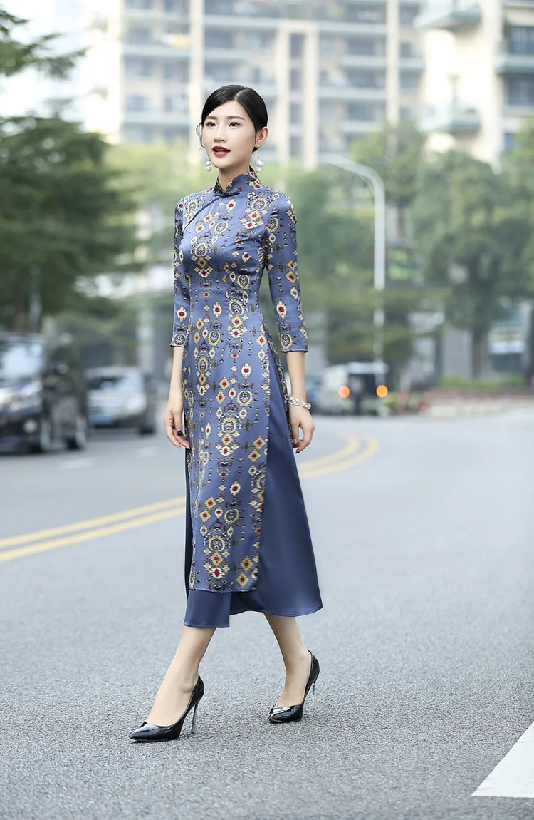 Весенние и осенние модели ретро Тонкое длинное платье Ципао Ao Dai