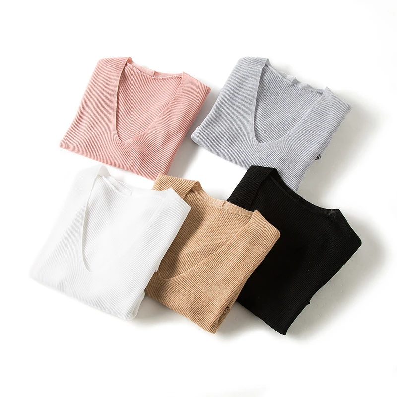 Women Pullovers 100%Wool Rib knitted Half sleeved sweaters V neck pullover 2018 Spring Bottoming knit shirt Black White Khaki | Женская
