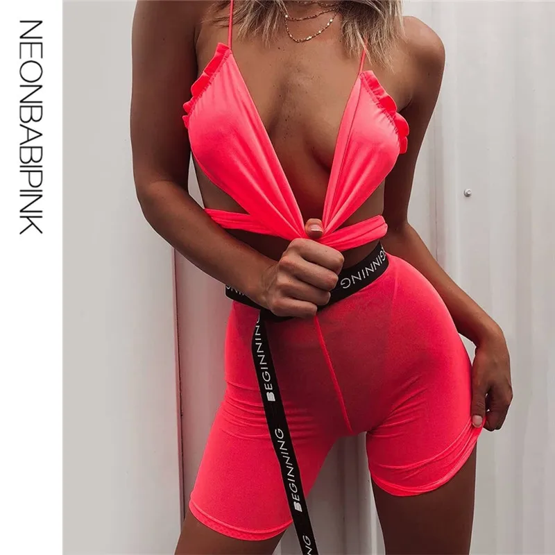 NEONBABIPINK/летние Соблазнительные Женский комплект 2 шт. с бретелькой через шею топ и