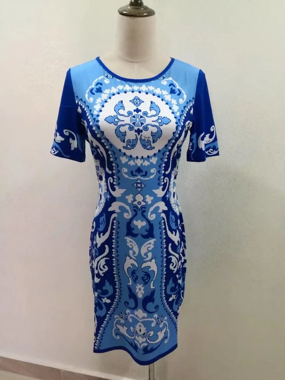 Новинка 2015 дизайнерский роскошный бренд женское платье с коротким рукавом синее