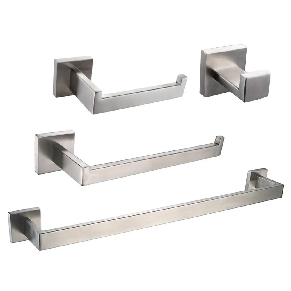 Stainless Steel 4-Pieces Bathroom Sets Square Silver Towel Hook Brushed Bar Toilet Paper Holder Hardware Bath Accessory | Обустройство