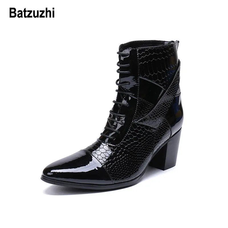 Batzuzhi 7cm High Heel Boots Men Lace-up Handsome Leather Dress Black Party and Wedding Designer botas hombre |