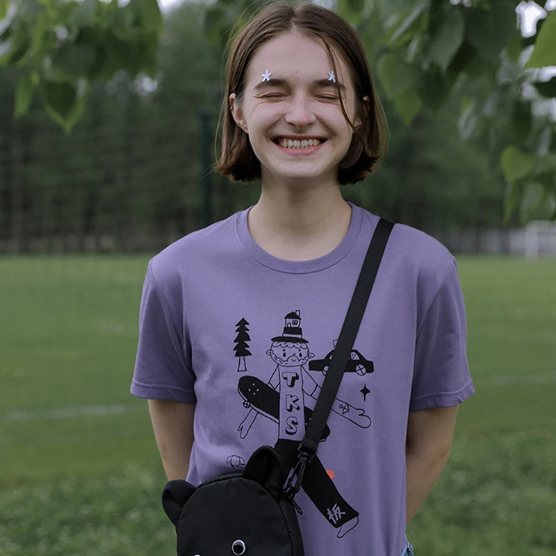 Повседневные женские летние футболки с круглым вырезом и мультяшным принтом, женские хлопковые фиолетовые белые футболки топы, шикарные футболки