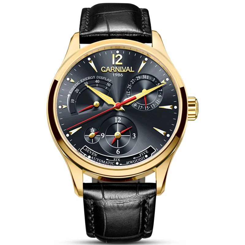 Карнавал Dual time displa спортивные автоматические механические часы для мужчин сапфировый кожаный ремешок люксовый бренд мужские часы relogio saat - Цвет: Gold black