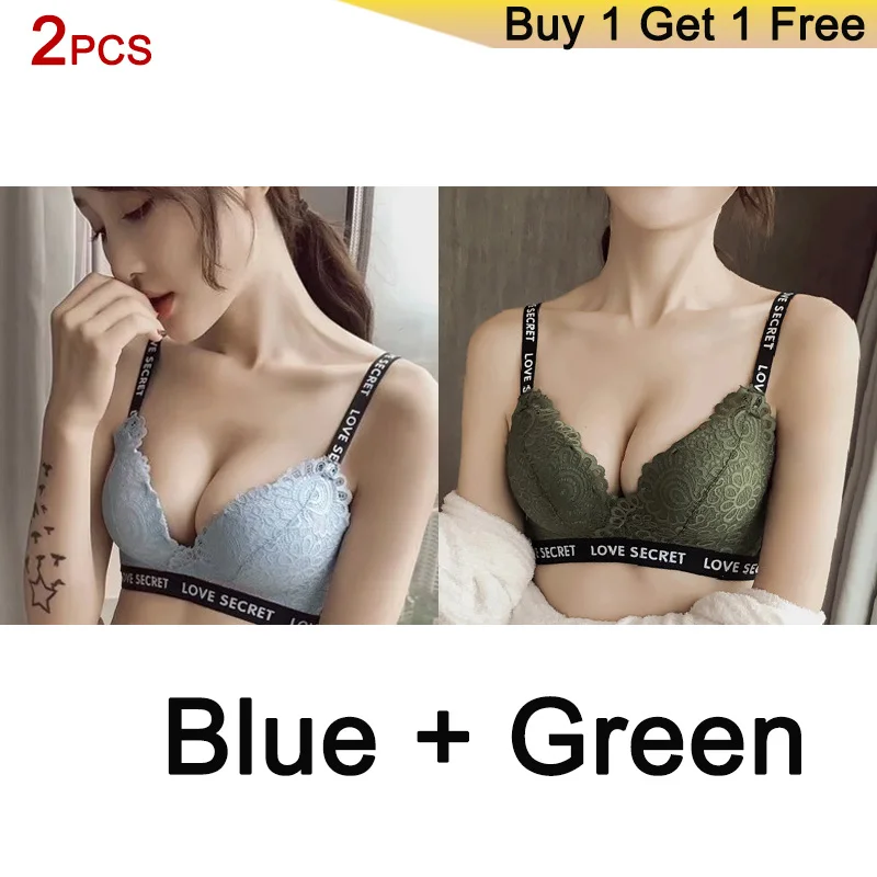 BLUE GREEN DERUILADY, 2 шт., кружевные цветочные надписи, бретели, бюстгальтер для женщин, плюс размер, сексуальное женское белье, комфортный Регулируемый беспроводной бюстгальтер, пуш-ап, женский бюстгальтер - Цвет: BLUE GREEN