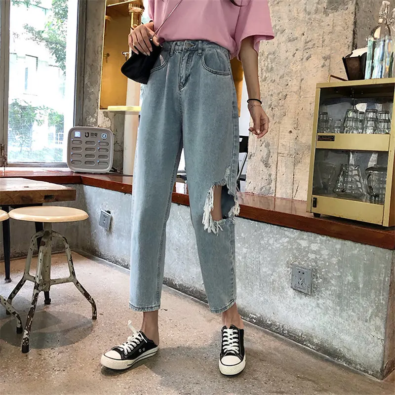 

HziriP Straight High Waist Side Hole Streetwear All Match Casual 2019 Women Female New Loose Jeans Ankle Length Denim Pants