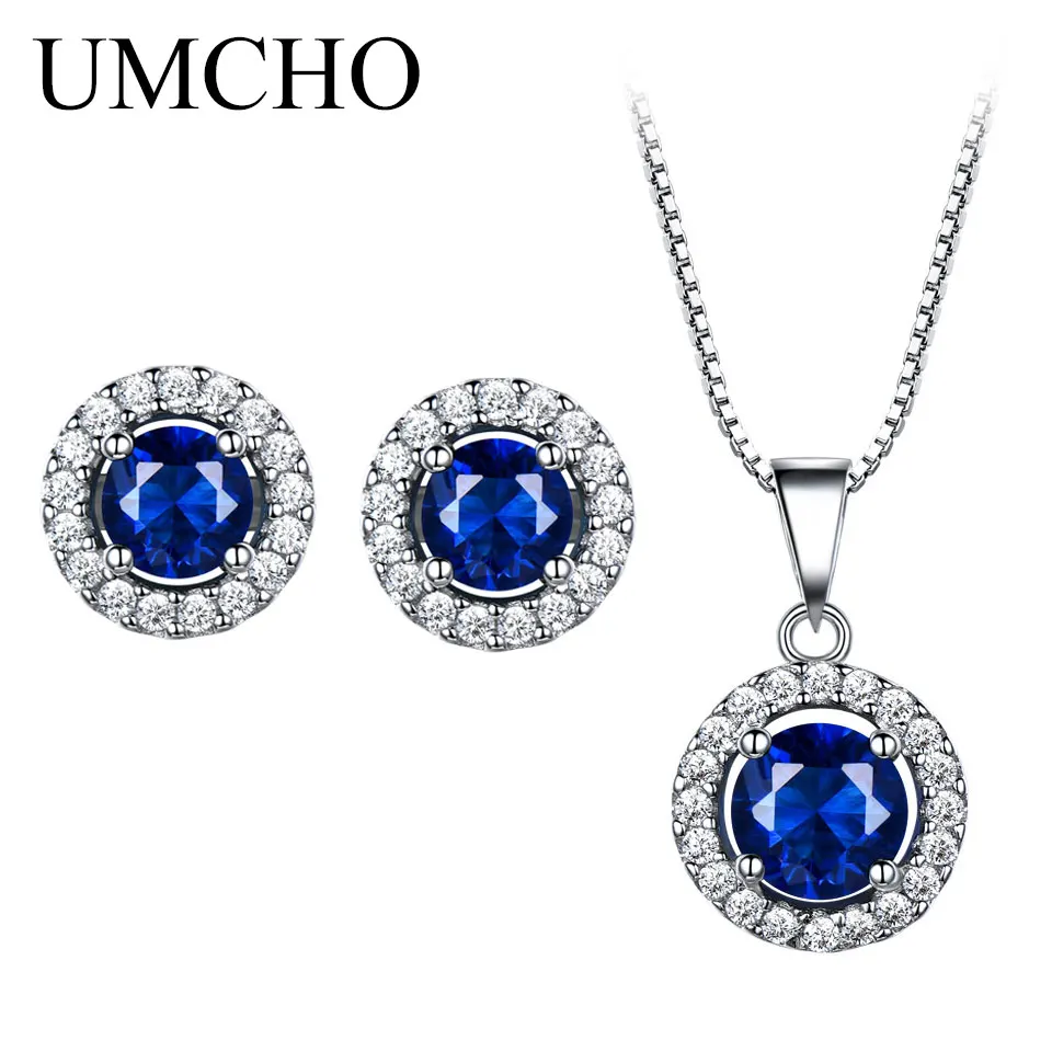 Sapphire UMCHO настоящий 925 пробы, серебряные ювелирные наборы, сапфировые серьги-гвоздики, ожерелье, элегантный подарок на день рождения для женщин, хорошее ювелирное изделие - Цвет камня: Sapphire