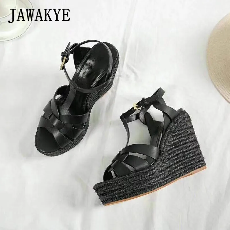 black matte leather JAWAKYE женские босоножки Обувь на танкетке для Для женщин Обувь на высоком каблуке открытый носок T Босоножки на платформе на ремешке zapatos вечерние Обувь на высоком каблуке обувь - Цвет: black matte leather