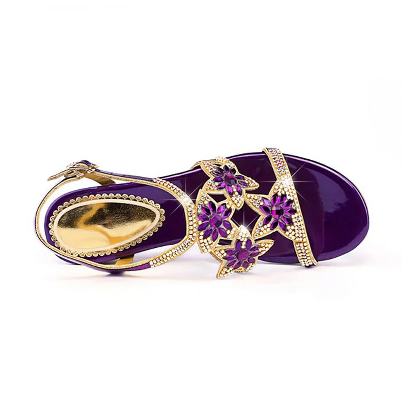 BEYARNE 2018 Purple Blue Gold Optional Women's Sandals Sweet Leather Rhinestone Shoes Low-heeled Diamond E302 | Обувь