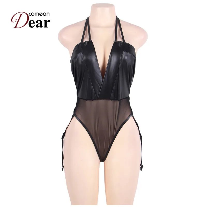 Comeondear RA80473 размера плюс искусственная кожа сшивание Подвязки Тедди 5XL Мокрый Вид белье Холтер Глубокий V кружева нижнее белье ночное белье