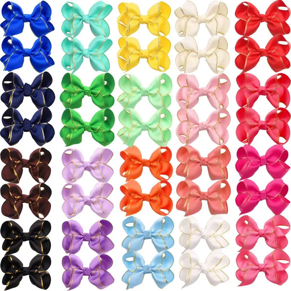 

40 Pieces Baby Girls Bow Clips Boutique Grosgrain Ribbon Gold Thread 3" Hair Bows Alligator Hair Clips For Girls Toddlers Teens