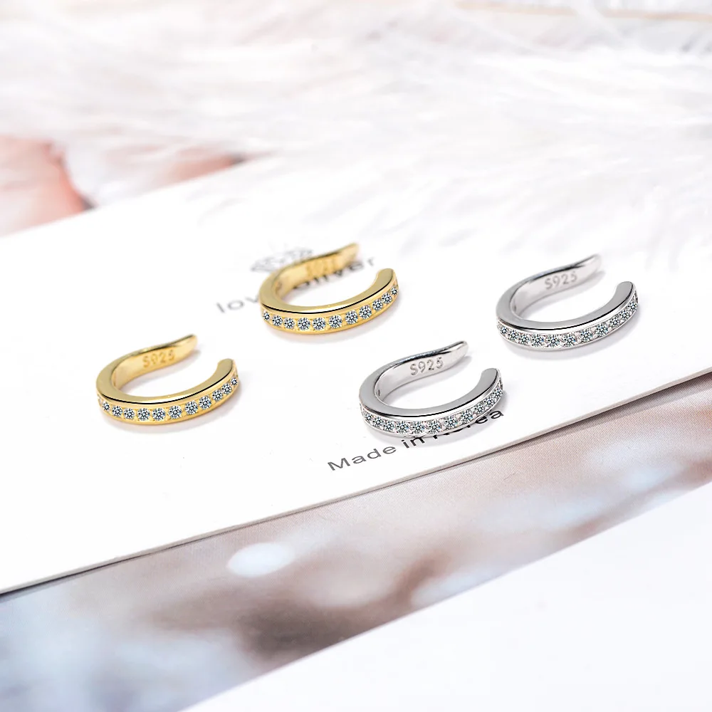 Простые серьги-каффы с фианитом серьги без проколов серебряные золотые для