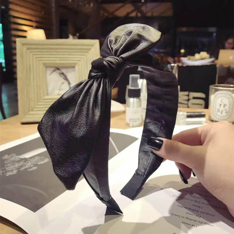Bow black Новая модная повязка для волос из искусственной кожи с бантом для девочек, широкая повязка для волос, обруч для головы, головной убор для женщин, женские аксессуары для волос - Цвет: Bow black