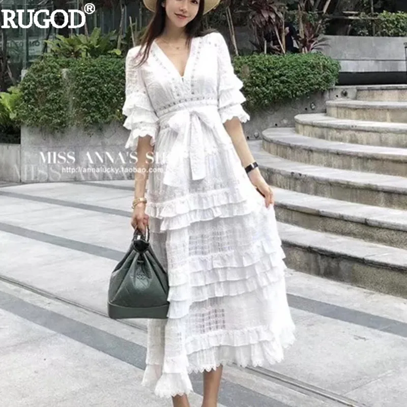 RUGOD, новинка, белое кружевное платье, женское, элегантное, сексуальное, с вырезом, с поясом, Платья для вечеринок, повседневное, с оборками, длинное, макси платье, vestidos mujer